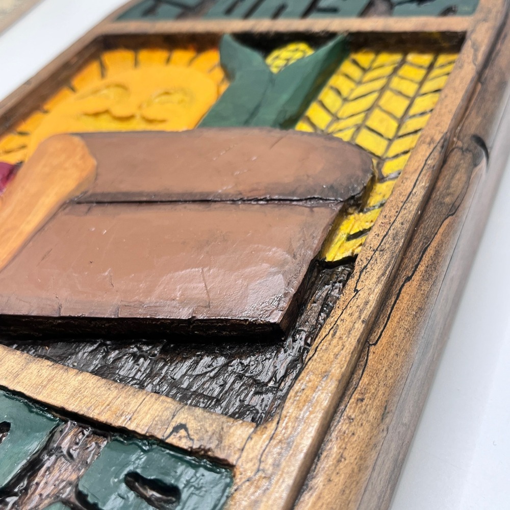 Vintage Hand Carved Wood Wall Plaque Give Us This Day Our Daily Bread Folk Art - Picture 5 of 10